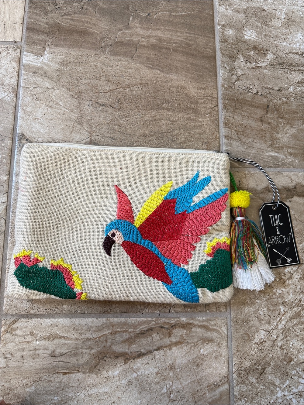 Embroidered Parrot Zip Pouch - Multicolor
